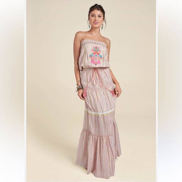 Venus Maxi Dress Multicolor Metallic Striped Embroidered Strapless Size L  NWOT - Picture 1 of 10